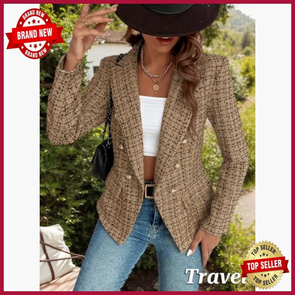 Petite Tweed Blazer Double Breasted Fully Lined Work Casual Jacket with Pockets - Picture 4 of 5